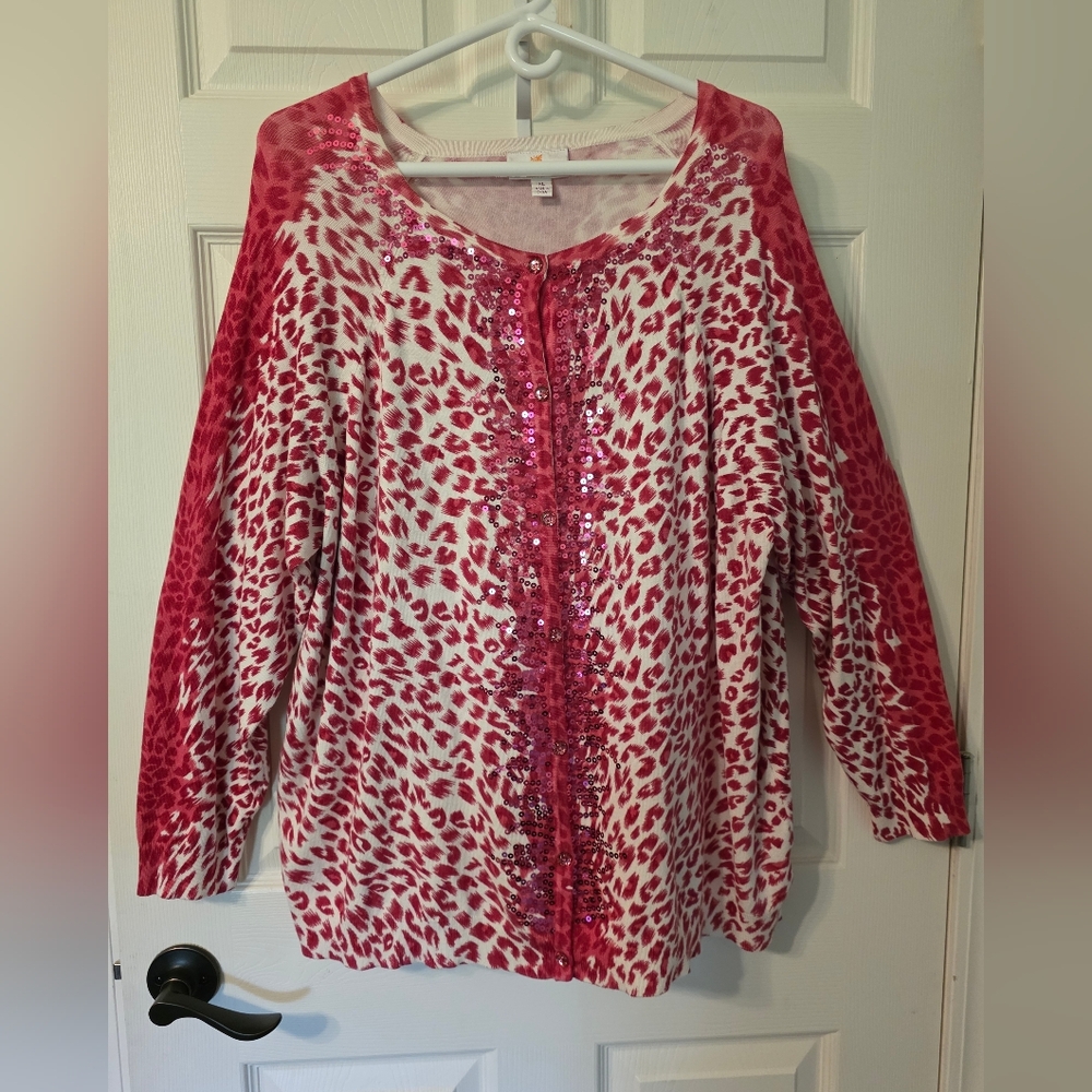 Quacker Factory Pink and White Leopard Print Sequin Trim Scoop Neck Sweater